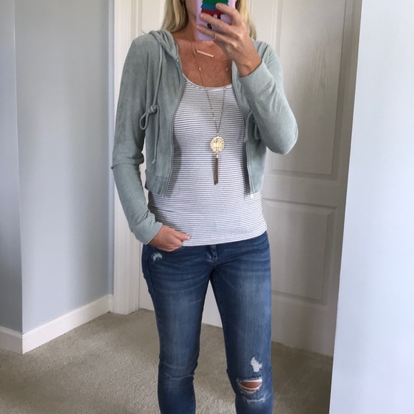 Honey Punch Tops - Sage Color Hooded, Cropped Jacket